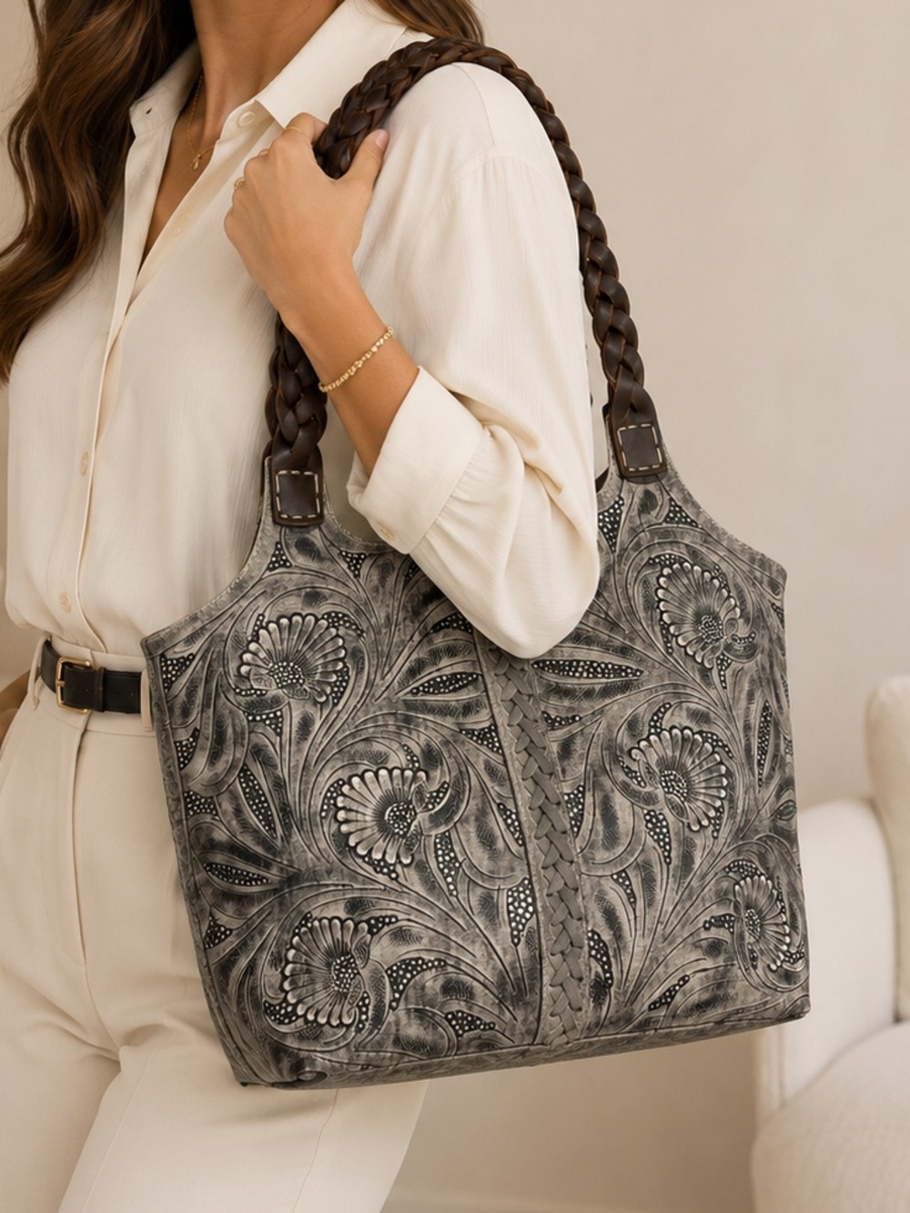 Leather Handbags Tooled Floral Gray Leather Tote Bag Braided Shoulder Straps NWT